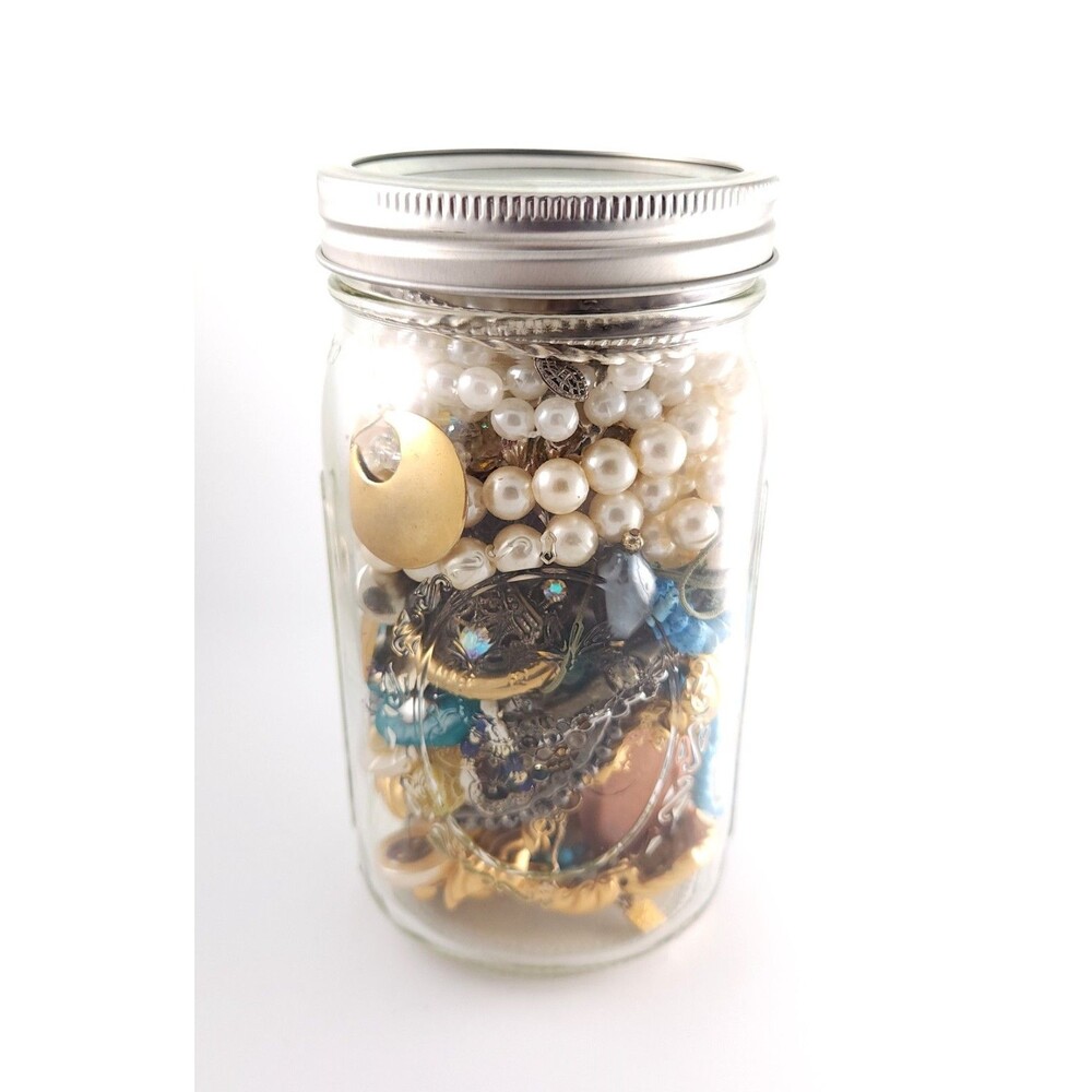 Vtg Costume Jewelry Craft Lot Jar - Pearls, Brooches, Bracelets, Necklaces